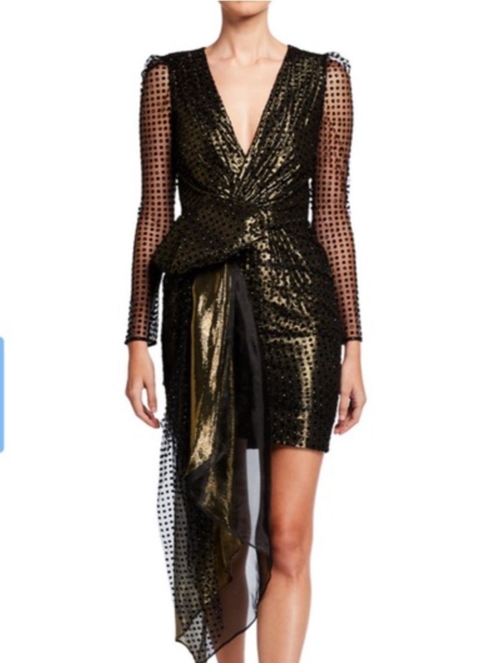 HANEY cocktail Gold and Black Sequin Mesh Mini Dress with Draped Sash